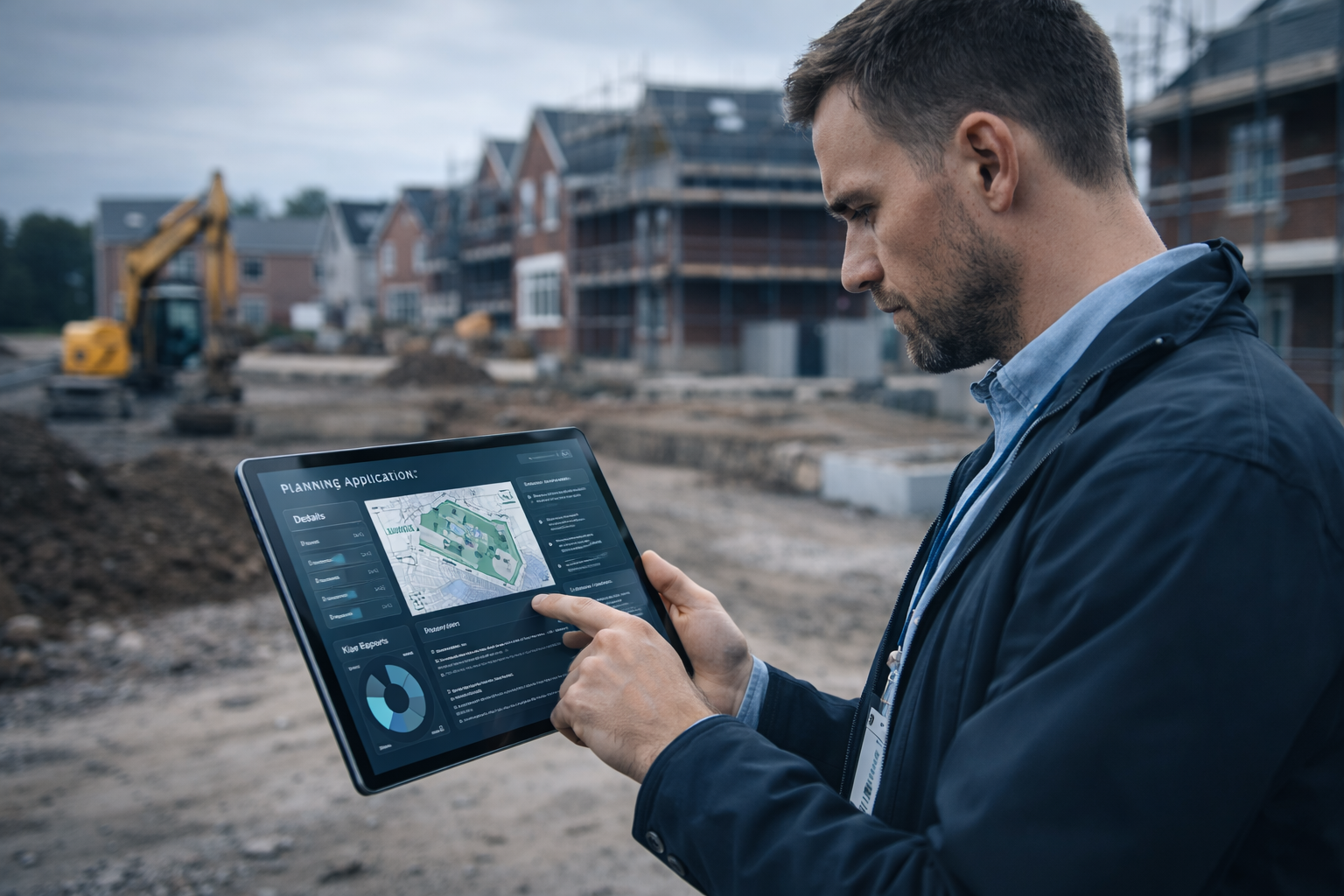 A local authority planner reviewing AI-assisted planning data on a tablet at a housing development site